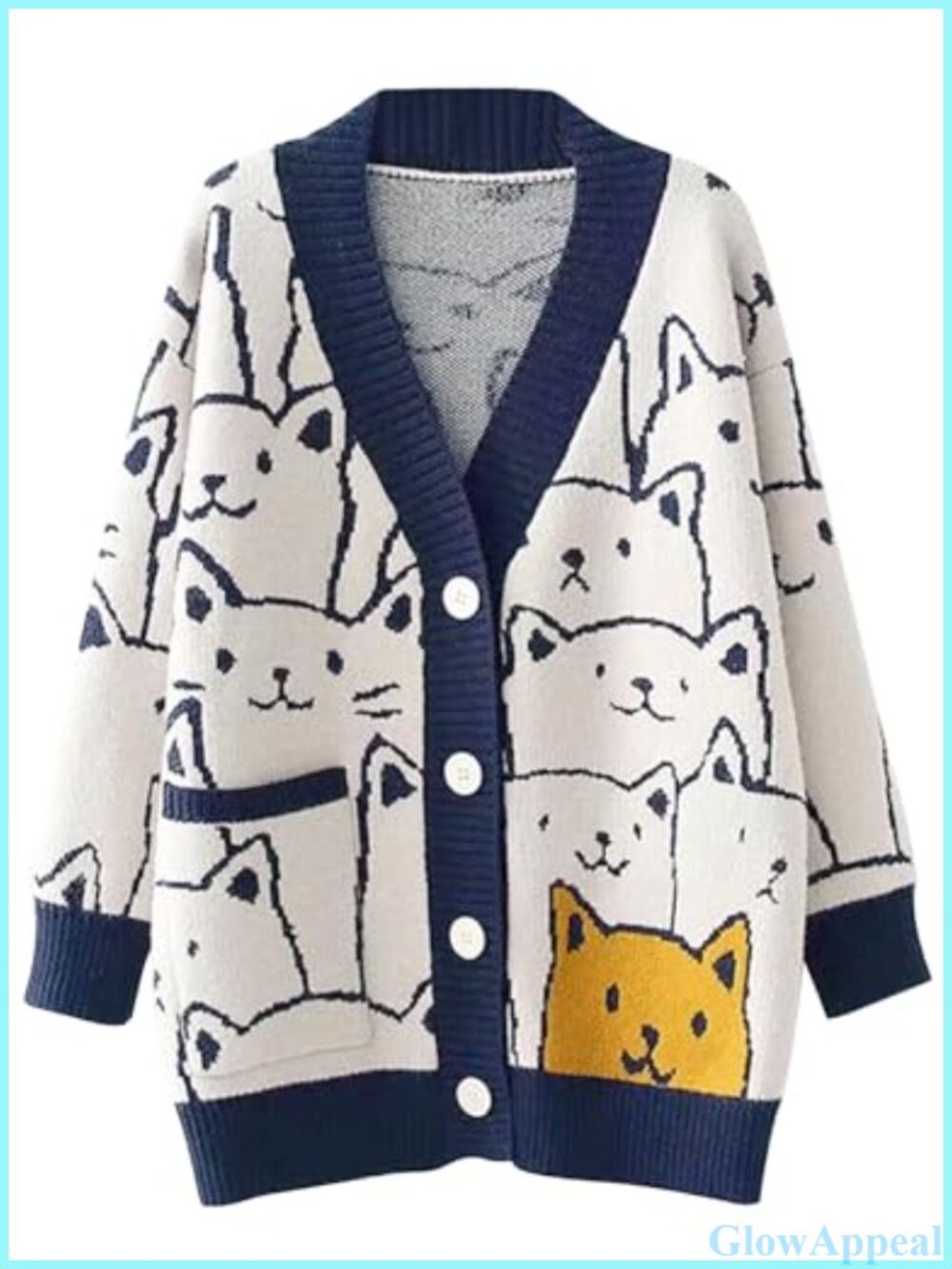 Oversized Cat Print Knit Cardigan Button Down V-Neck Kawaii Sweater